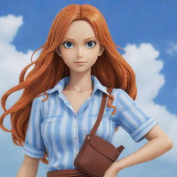 Nami, a female character from One Piece with long, wavy orange hair, wearing a blue and white striped shirt, and a brown waist pouch. She's looking adventurous and determined.