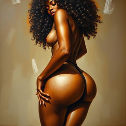 A polished, oil-based painting depicting a full nude body view of a sexy black woman with curly hair, beautiful breasts, and a big booty in a sensual pose