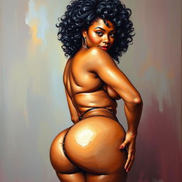 A polished, oil-based painting depicting a full nude body view of a sexy black woman with curly hair, beautiful breasts, and a big booty in a sensual pose