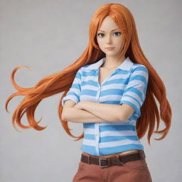 Nami, a female character from One Piece with long, wavy orange hair, wearing a blue and white striped shirt, and a brown waist pouch. She's looking adventurous and determined.