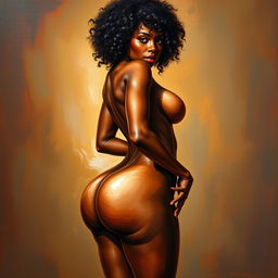 A polished, oil-based painting depicting a full nude body view of a sexy black woman with curly hair, beautiful breasts, and a big booty in a sensual pose