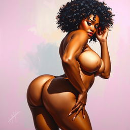 A polished, oil-based painting depicting a full nude body view of a sexy black woman with curly hair, beautiful breasts, and a big booty in a sensual pose