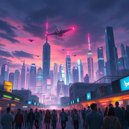 Create a stunning digital artwork featuring a futuristic cityscape at dusk