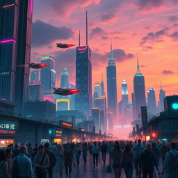 Create a stunning digital artwork featuring a futuristic cityscape at dusk