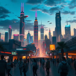 Create a stunning digital artwork featuring a futuristic cityscape at dusk