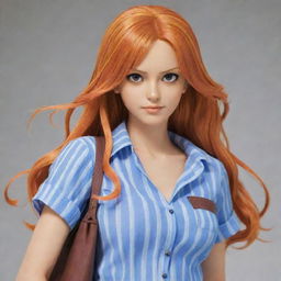 Nami, a female character from One Piece with long, wavy orange hair, wearing a blue and white striped shirt, and a brown waist pouch. She's looking adventurous and determined.