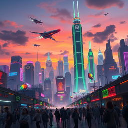 Create a stunning digital artwork featuring a futuristic cityscape at dusk