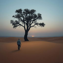 Depict a very tired man walking towards a solitary oak tree in the middle of a vast desert