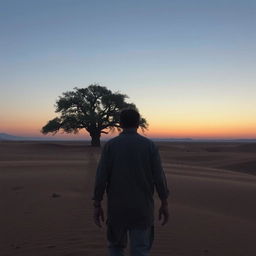 Depict a very tired man walking towards a solitary oak tree in the middle of a vast desert