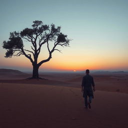 Depict a very tired man walking towards a solitary oak tree in the middle of a vast desert