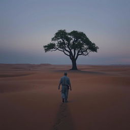 Depict a very tired man walking towards a solitary oak tree in the middle of a vast desert