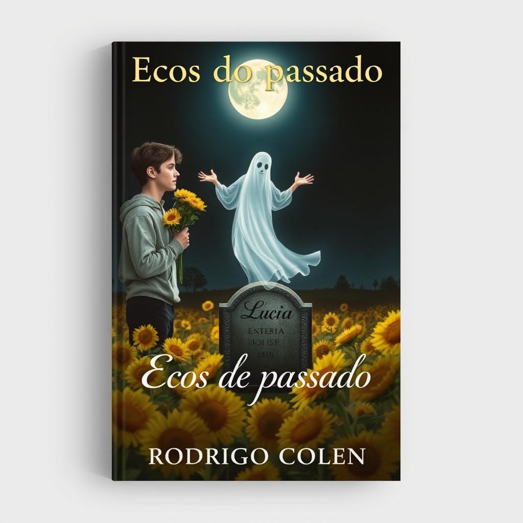 A book cover titled "Ecos do passado" featuring a young man, around 25 years old, offering a bouquet of yellow flowers to a beautiful ghost
