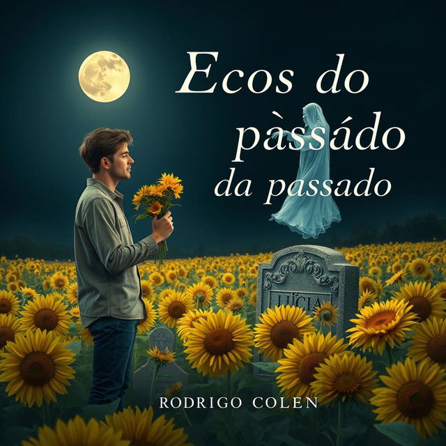 A book cover titled "Ecos do passado" featuring a young man, around 25 years old, offering a bouquet of yellow flowers to a beautiful ghost