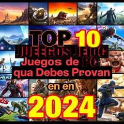 A captivating YouTube thumbnail with dimensions 1280px by 720px, featuring a vibrant collage of popular PC games anticipated in 2024