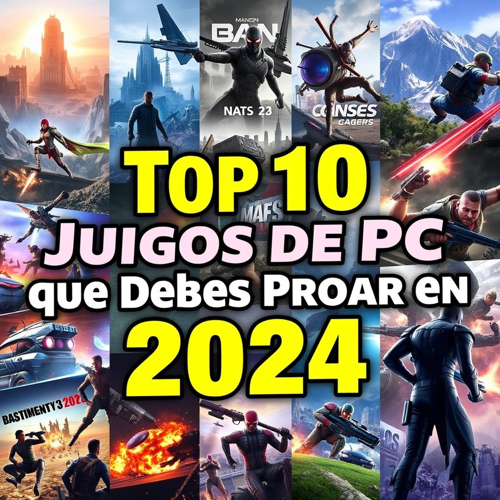 A captivating YouTube thumbnail with dimensions 1280px by 720px, featuring a vibrant collage of popular PC games anticipated in 2024