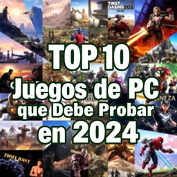 A captivating YouTube thumbnail with dimensions 1280px by 720px, featuring a vibrant collage of popular PC games anticipated in 2024