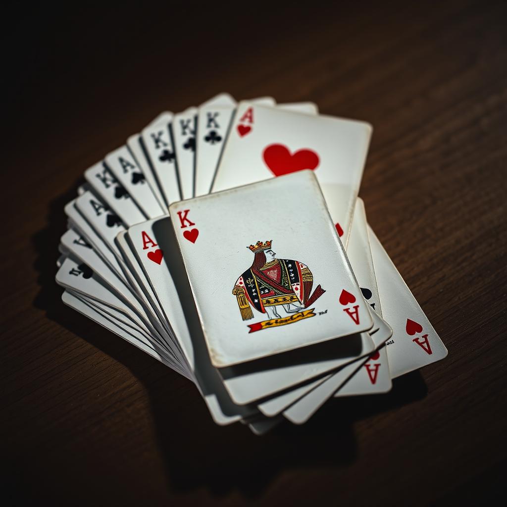 A dynamic composition featuring a deck of cards, prominently showcasing the Ace of Hearts stacked on top of the King of Clubs