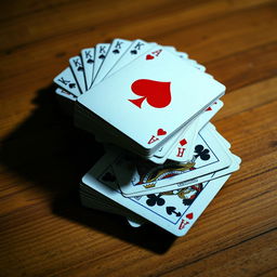 A dynamic composition featuring a deck of cards, prominently showcasing the Ace of Hearts stacked on top of the King of Clubs