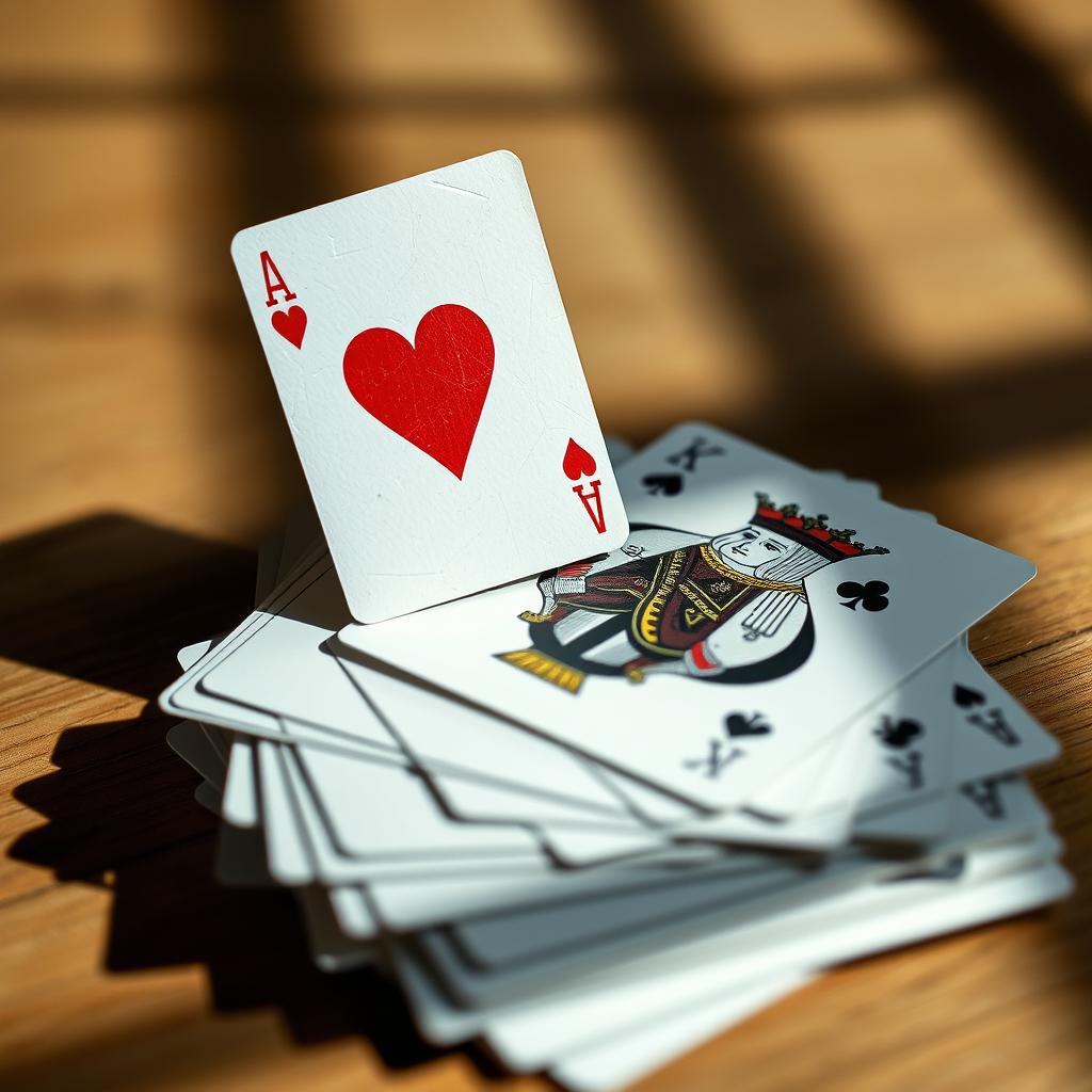 A dynamic composition featuring a deck of cards, prominently showcasing the Ace of Hearts stacked on top of the King of Clubs