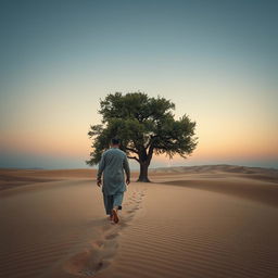 Capture a very tired Kurdish man walking towards a solitary oak tree in the middle of a sprawling desert