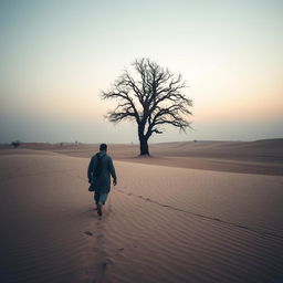 Capture a very tired Kurdish man walking towards a solitary oak tree in the middle of a sprawling desert