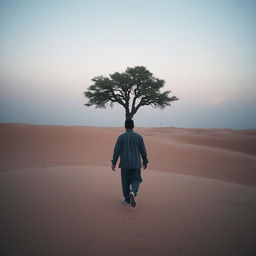 Capture a very tired Kurdish man walking towards a solitary oak tree in the middle of a sprawling desert