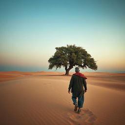 Capture a very tired Kurdish man walking towards a solitary oak tree in the middle of a sprawling desert