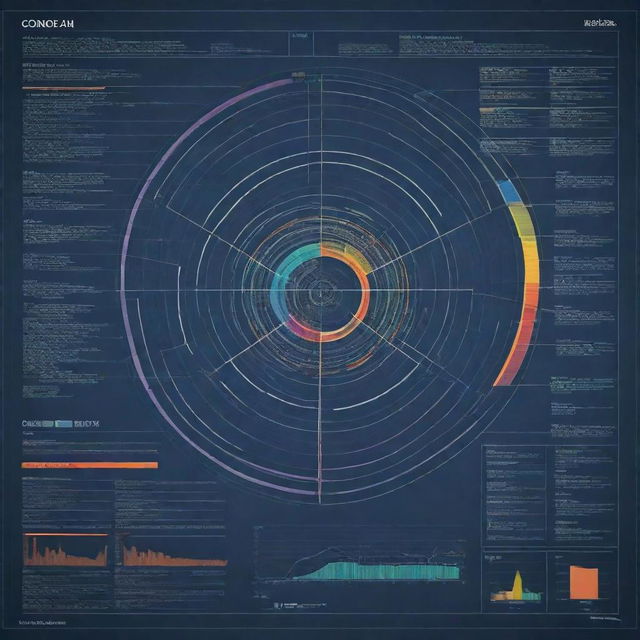 A highly detailed, technical-themed, complex graph including specific information with an intricate process scheme. Use sharp and striking colors to highlight different aspects of the scheme.