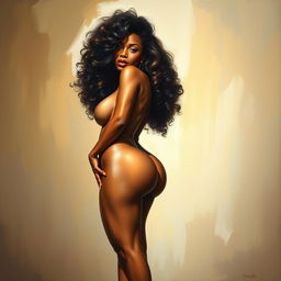 A polished, oil-based painting depicting a full nude body view of a gorgeous black woman with curly hair, beautiful breasts, and a big booty in a sensual pose