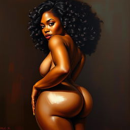 A polished, oil-based painting depicting a full nude body view of a gorgeous black woman with curly hair, beautiful breasts, and a big booty in a sensual pose