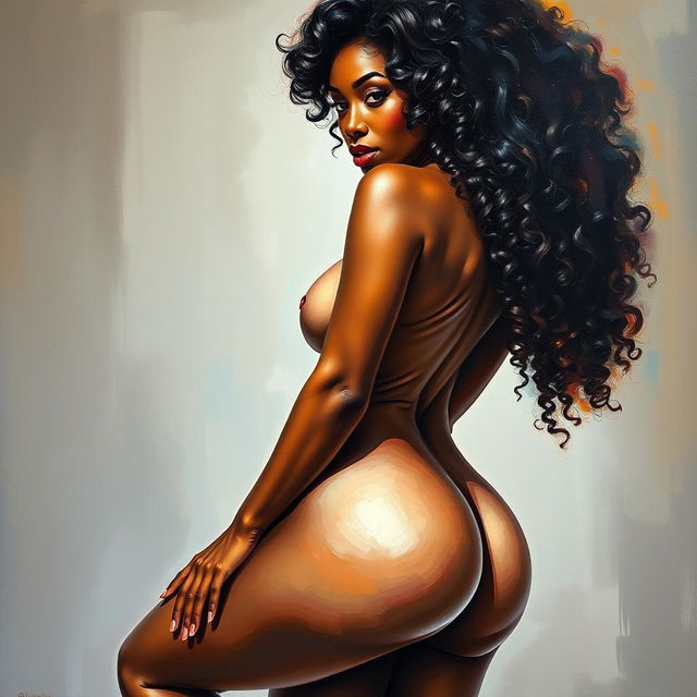 A polished, oil-based painting depicting a full nude body view of a gorgeous black woman with curly hair, beautiful breasts, and a big booty in a sensual pose