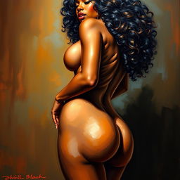 A polished, oil-based painting depicting a full nude body view of a gorgeous black woman with curly hair, beautiful breasts, and a big booty in a sensual pose