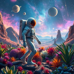 an astronaut exploring a vivid alien landscape, surrounded by exotic plants and colorful nebulas, the sky filled with distant planets and shooting stars, the scene is illuminated by the soft glow of distant galaxies, the astronaut's suit is sleek and futuristic, reflecting the vibrant colors of the environment