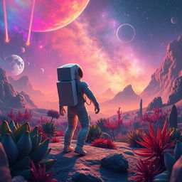 an astronaut exploring a vivid alien landscape, surrounded by exotic plants and colorful nebulas, the sky filled with distant planets and shooting stars, the scene is illuminated by the soft glow of distant galaxies, the astronaut's suit is sleek and futuristic, reflecting the vibrant colors of the environment