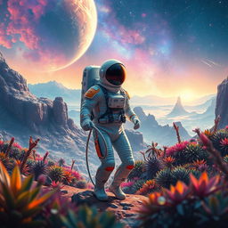 an astronaut exploring a vivid alien landscape, surrounded by exotic plants and colorful nebulas, the sky filled with distant planets and shooting stars, the scene is illuminated by the soft glow of distant galaxies, the astronaut's suit is sleek and futuristic, reflecting the vibrant colors of the environment