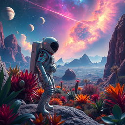 an astronaut exploring a vivid alien landscape, surrounded by exotic plants and colorful nebulas, the sky filled with distant planets and shooting stars, the scene is illuminated by the soft glow of distant galaxies, the astronaut's suit is sleek and futuristic, reflecting the vibrant colors of the environment