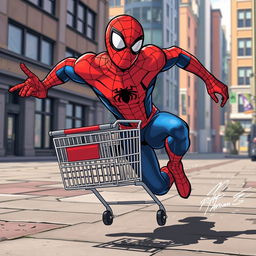 Spider-Man running with a shopping cart in hand, dynamic pose, urban background, vibrant colors, playful expression, energetic atmosphere, comic book style