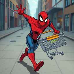 Spider-Man running with a shopping cart in hand, dynamic pose, urban background, vibrant colors, playful expression, energetic atmosphere, comic book style