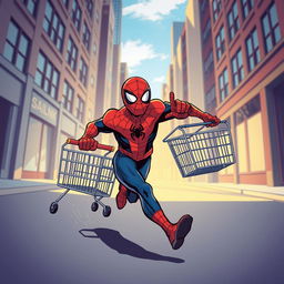 Spider-Man running with a shopping cart in hand, dynamic pose, urban background, vibrant colors, playful expression, energetic atmosphere, comic book style