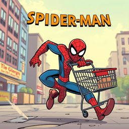 Spider-Man running with a shopping cart in hand, dynamic pose, urban background, vibrant colors, playful expression, energetic atmosphere, comic book style