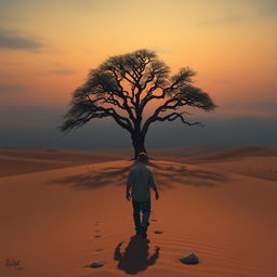 Design a captivating book cover illustration depicting a very tired man walking towards a solitary oak tree in the midst of a vast desert