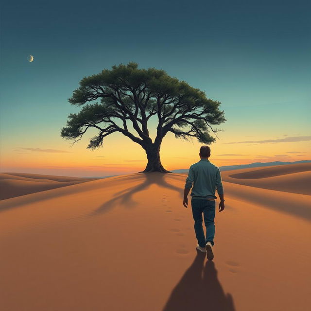 Design a captivating book cover illustration depicting a very tired man walking towards a solitary oak tree in the midst of a vast desert