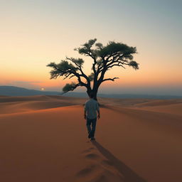 Design a captivating book cover illustration depicting a very tired man walking towards a solitary oak tree in the midst of a vast desert