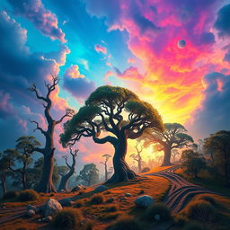 A surreal landscape with towering, twisted trees and a vibrant, alien sky.