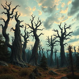 A surreal landscape with towering, twisted trees and a vibrant, alien sky.