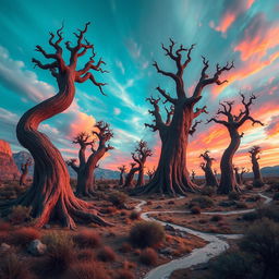 A surreal landscape with towering, twisted trees and a vibrant, alien sky.