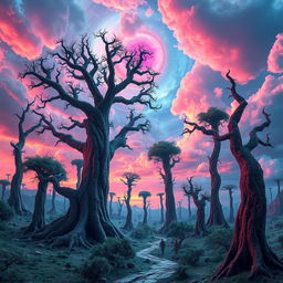 A surreal landscape with towering, twisted trees and a vibrant, alien sky.