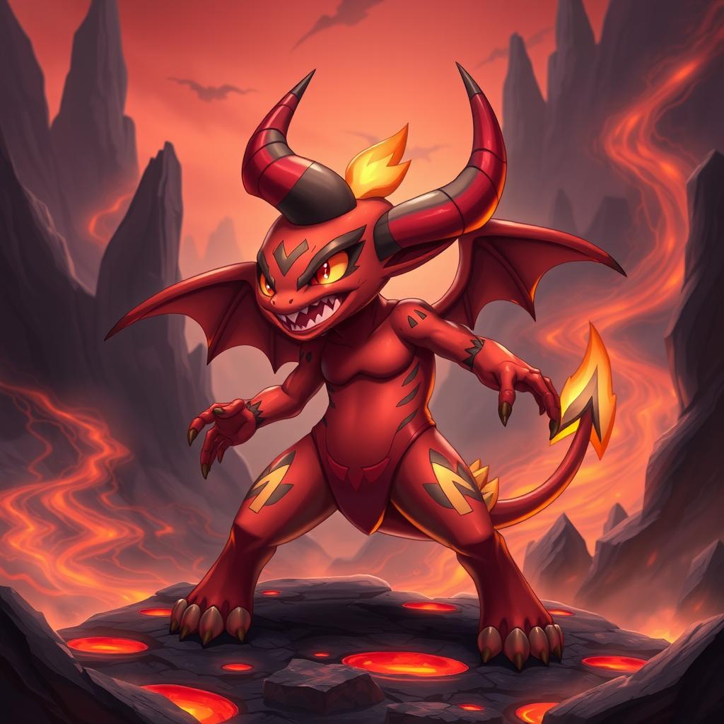 A unique Pokémon-inspired demon character with a vibrant red body and shortstack physique