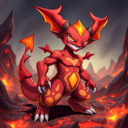 A unique Pokémon-inspired demon character with a vibrant red body and shortstack physique