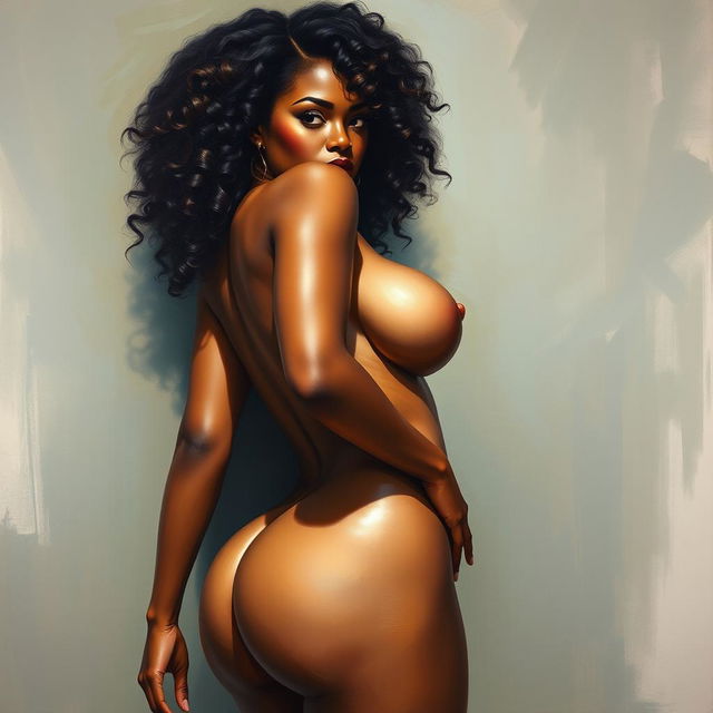 A polished, oil-based painting depicting a full nude body view of a gorgeous black woman with curly hair, beautiful breasts, and a big booty in a sensual pose